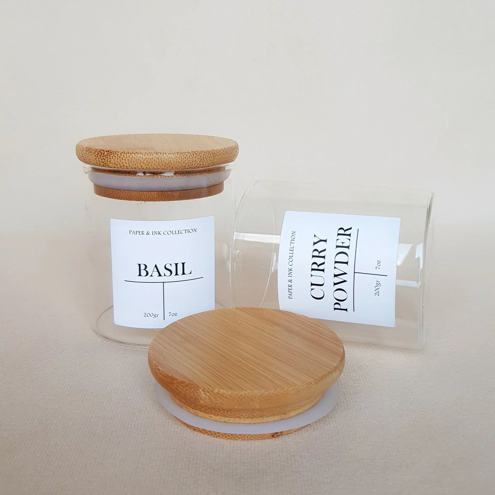 Wooden Lid Glass Spice Jars (180 ml) with FREE Spice Stickers