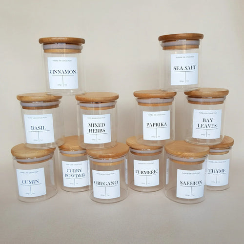 Wooden Lid Glass Spice Jars (180 ml) with FREE Spice Stickers